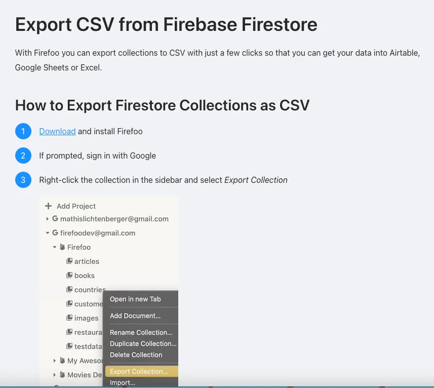 firestore 데이터 내보내기, 엑셀로 내보내기