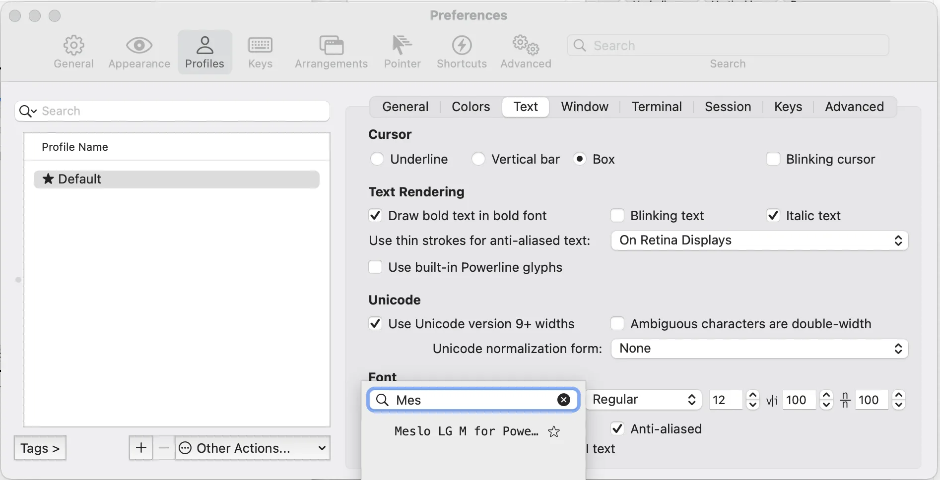 iTerm2 실행 - 왼쪽 위 - Preferences - Profiles - Default - Text - Font 에 추가